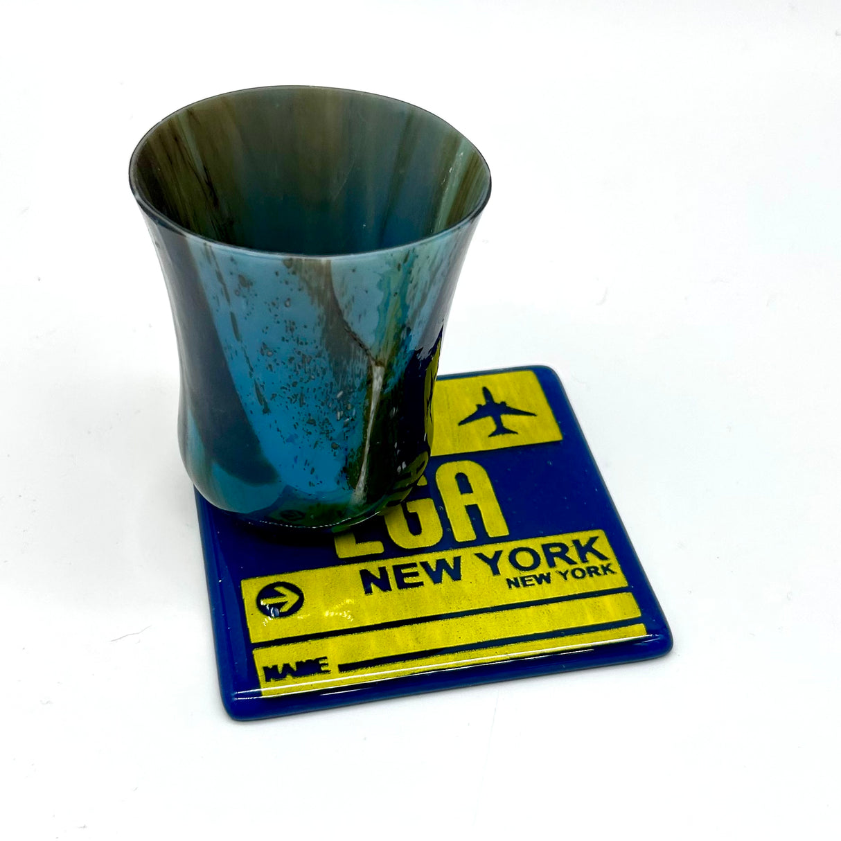 New York City LGA Vintage Luggage Tag 4" Handmade Fused Glass Bar Coaster