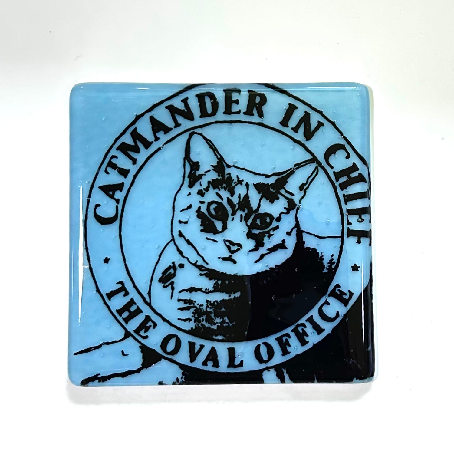 Catmander in Chief 4" Handmade Fused Glass Bar Coaster