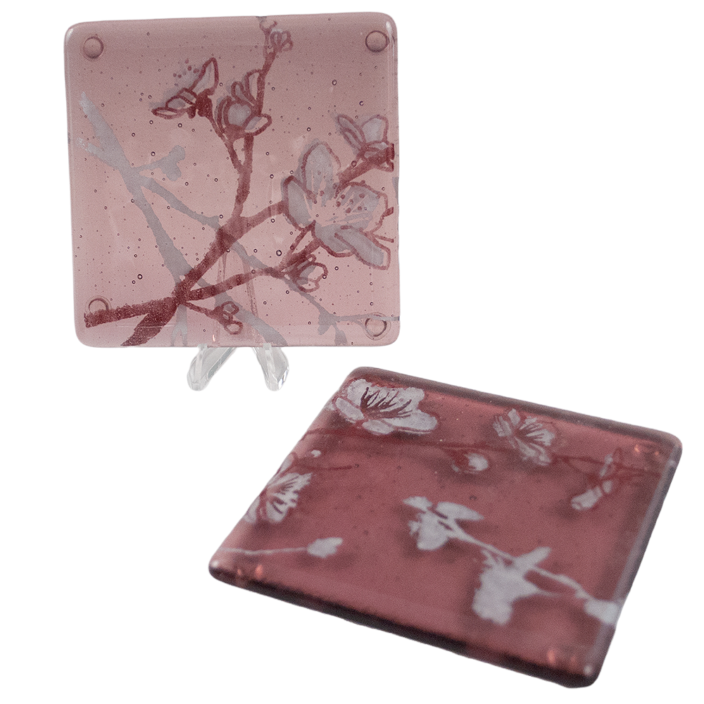 Cherry Blossom Fused Glass 4" Coaster 2-pack