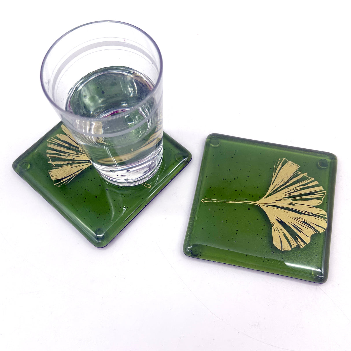 Gingko Leaves Fused Glass 4" Coaster 2-pack
