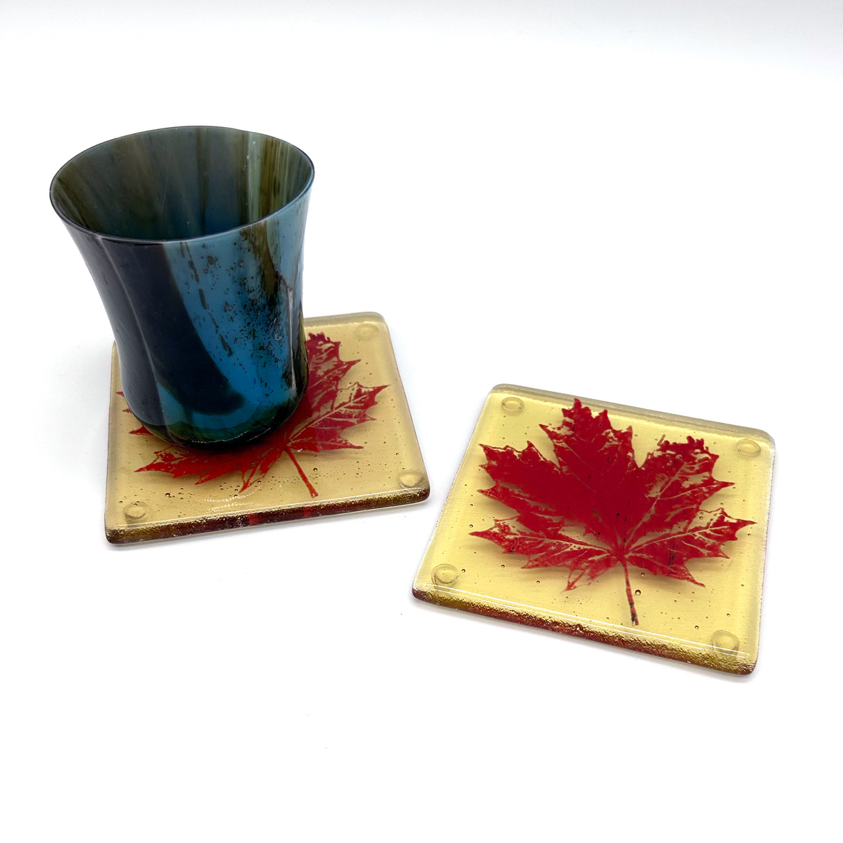 Maple Leaves Handmade Fused Glass 4" Coaster 2-pack