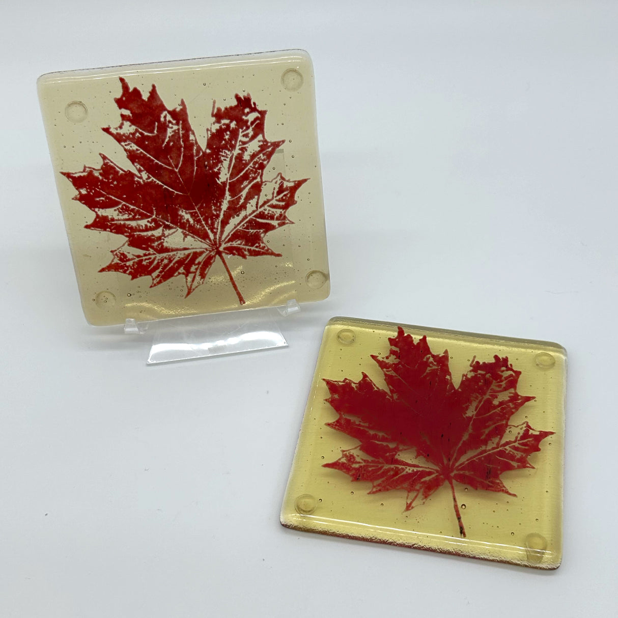 Maple Leaves Handmade Fused Glass 4" Coaster 2-pack