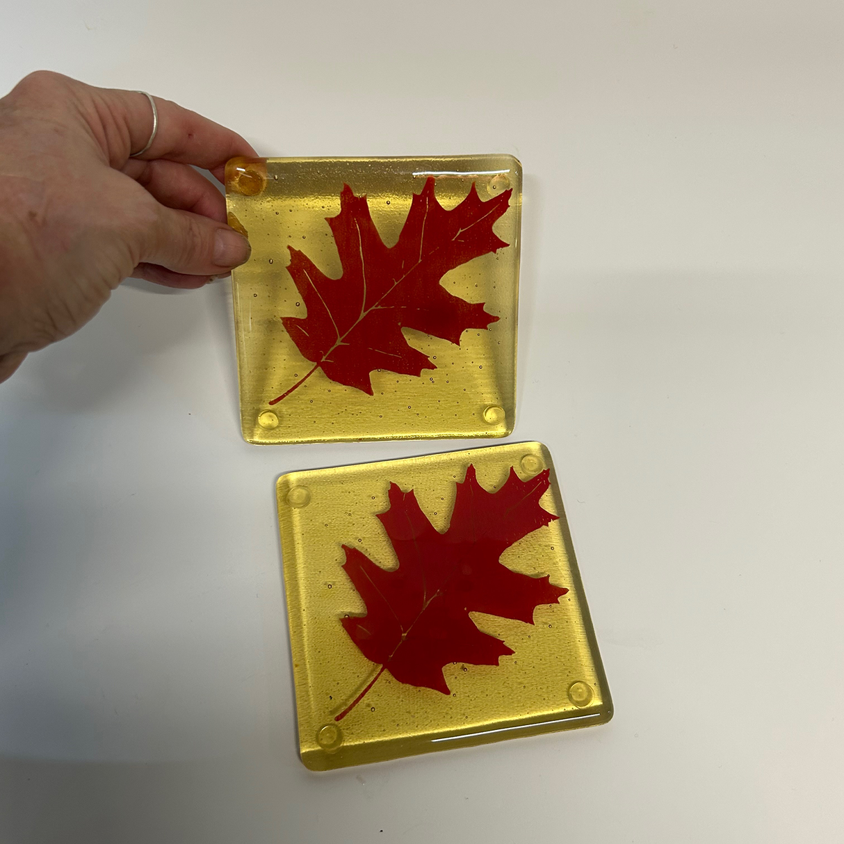 Oak Leaves Fused Glass 4" Coaster 2-pack RED
