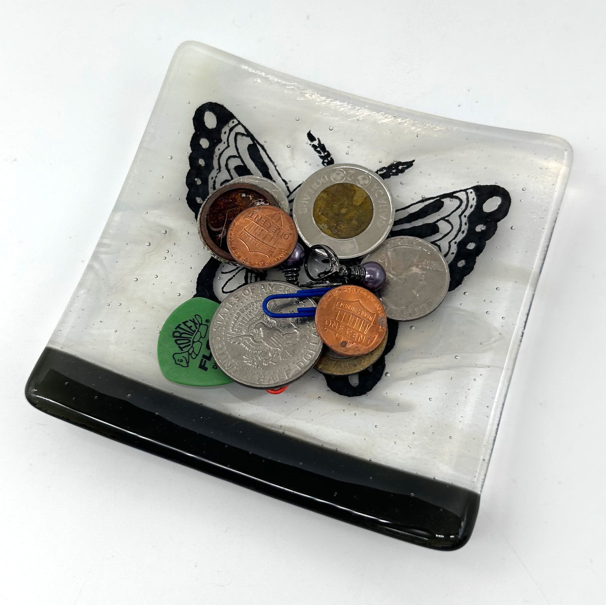 Butterfly Tattoo Handmade 4.5" Handmade Fused Glass Catch-all Dish