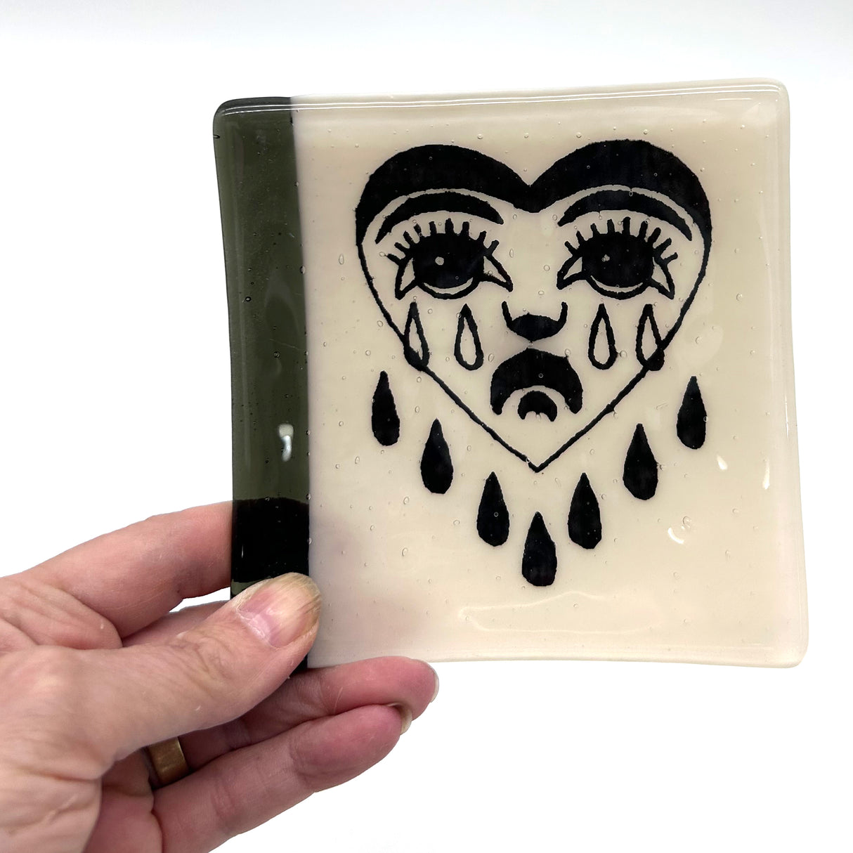 Crying Heart Tattoo 4.5" Handmade Fused Glass Catch-all Dish