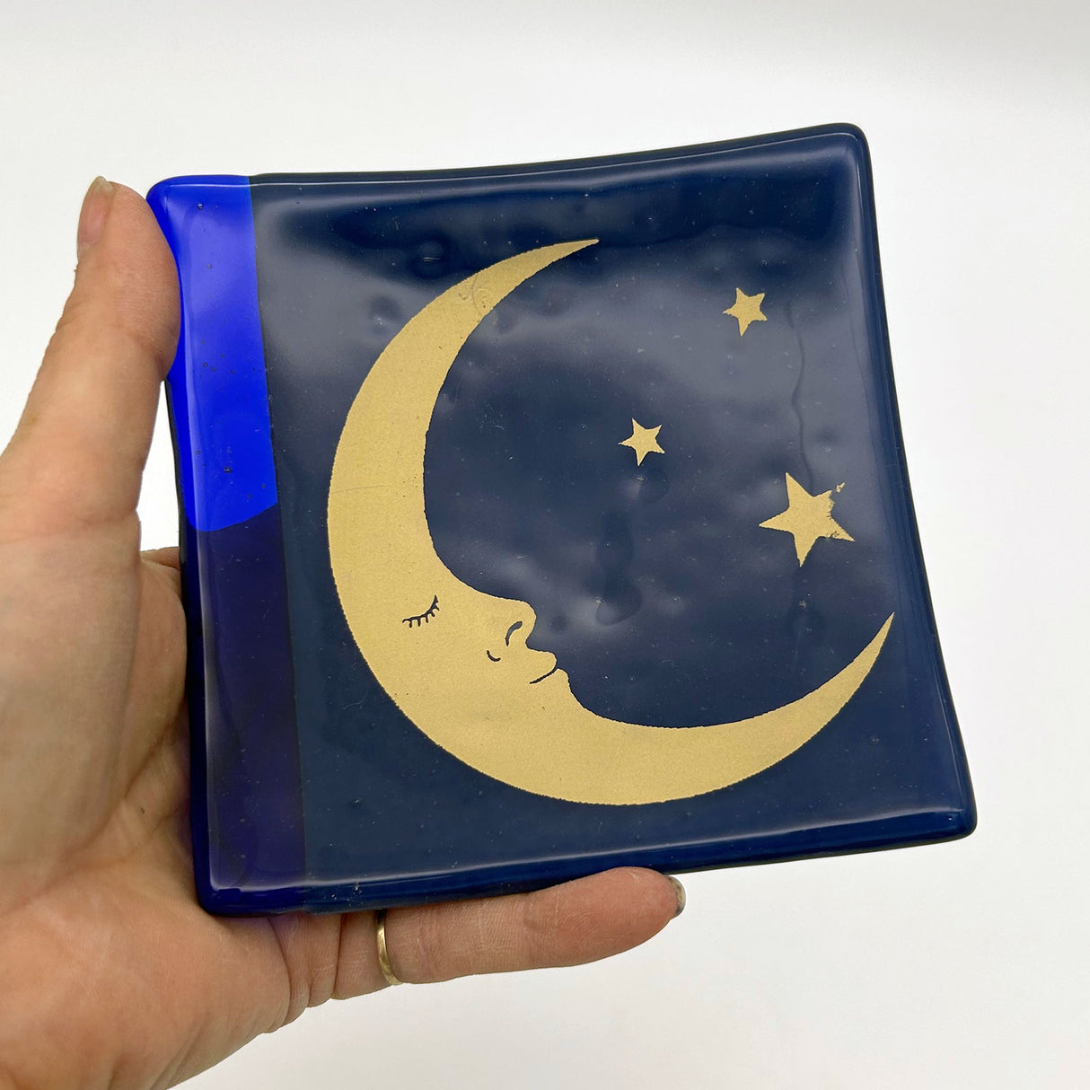 Celestial Half Moon 4.5" Handmade Fused Glass Catch-all Dish