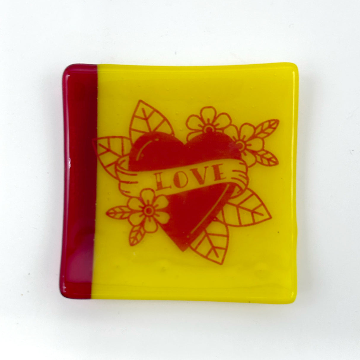 LOVE Tattoo 4.5" Handmade Fused Glass Catch-all Dish