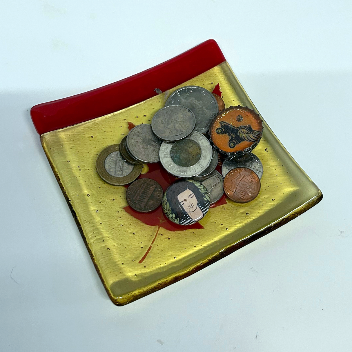 Oak Leaves 4.5" Handmade Fused Glass Catch-all Dish Discontinued RED