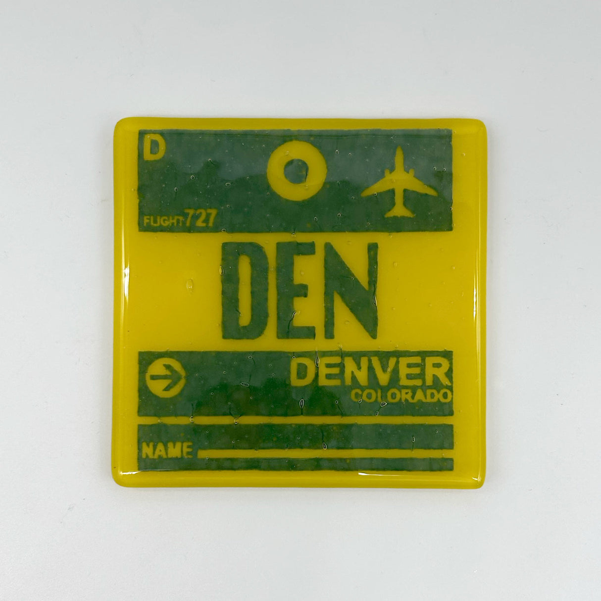 Denver DEN Vintage Luggage Tag Fused Glass 4" Single Coaster