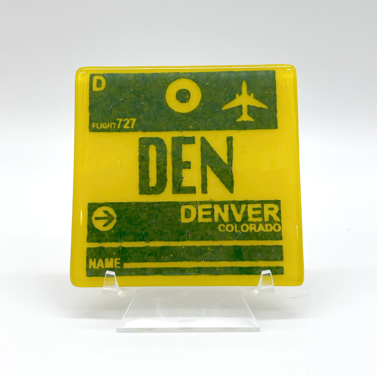 Denver DEN Vintage Luggage Tag Fused Glass 4" Single Coaster