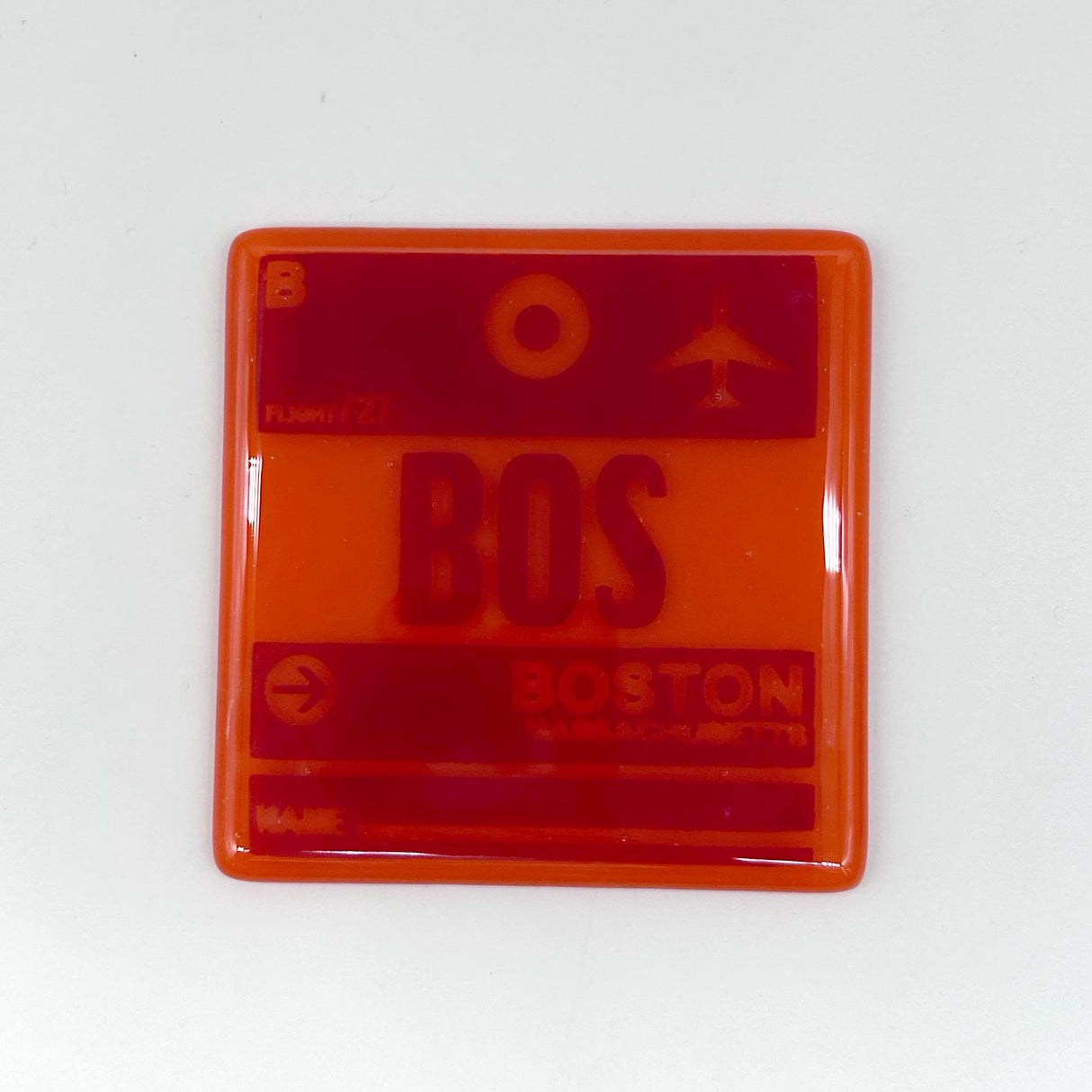 Boston BOS Vintage Luggage Tag 4" Handmade Fused Glass Bar Coaster