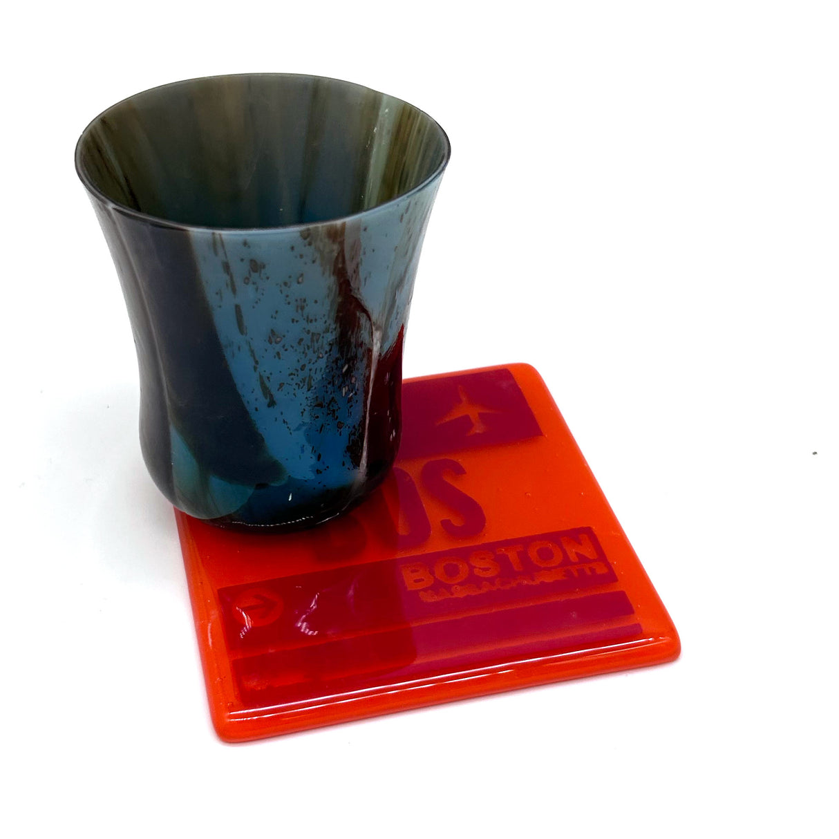 Boston BOS Vintage Luggage Tag 4" Handmade Fused Glass Bar Coaster