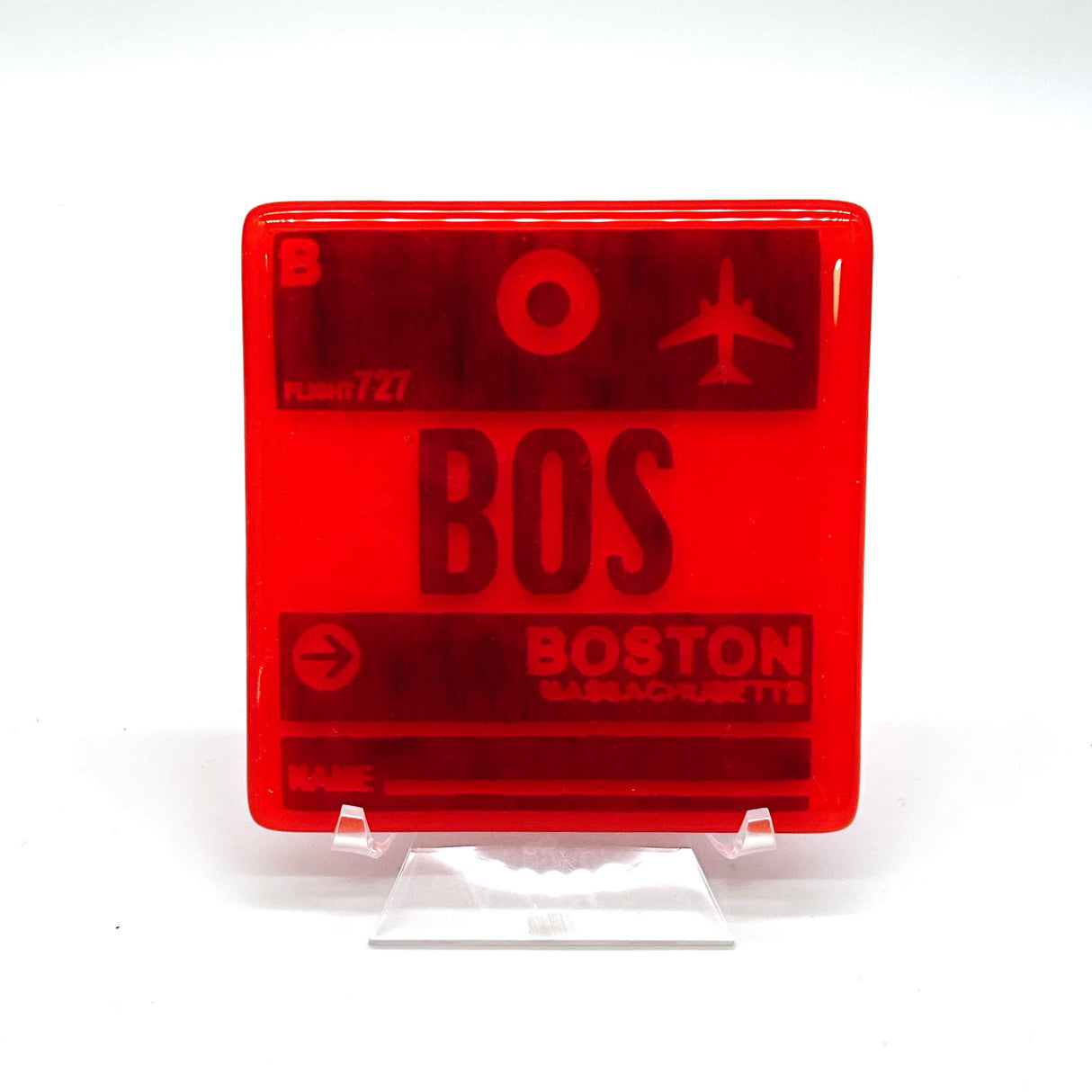 Boston BOS Vintage Luggage Tag 4" Handmade Fused Glass Bar Coaster