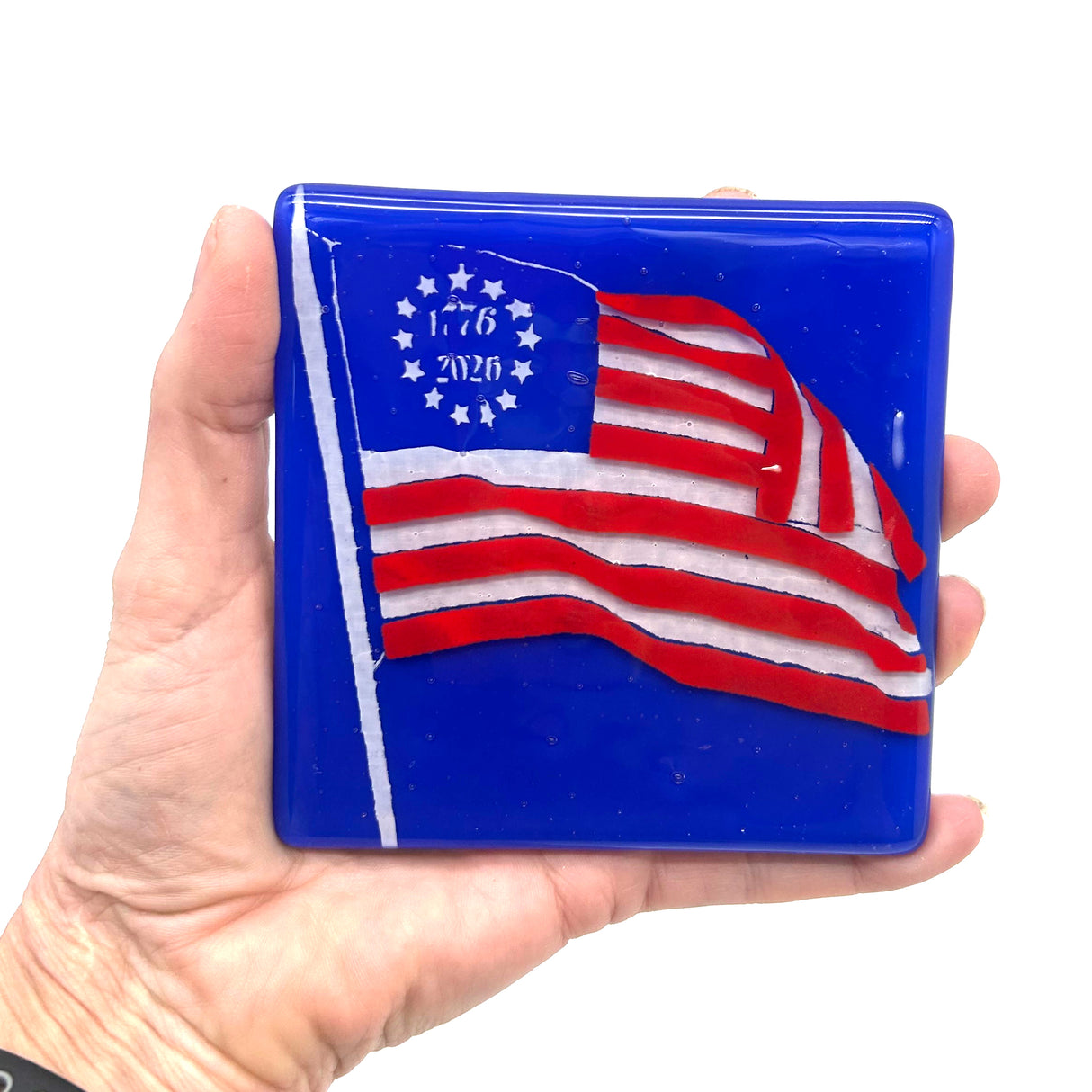 Betsy Ross 1776-2026 Flag Handmade 4" Handmade Fused Glass Coaster