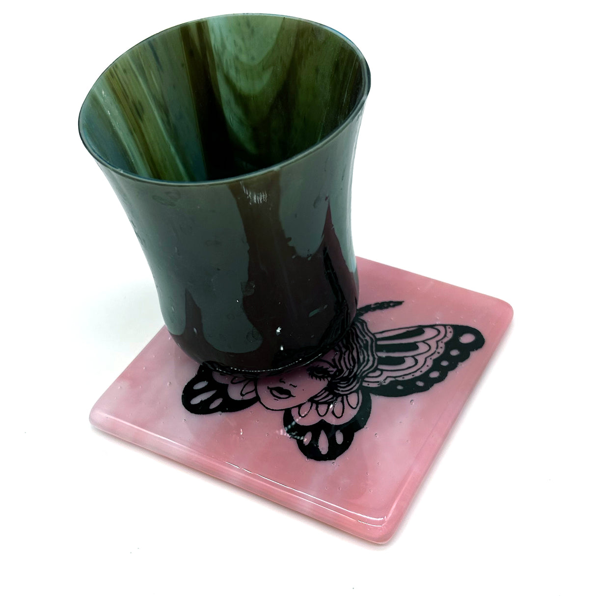 Butterfly Tattoo 4" Handmade Fused Glass Bar Coaster (discontinued color)