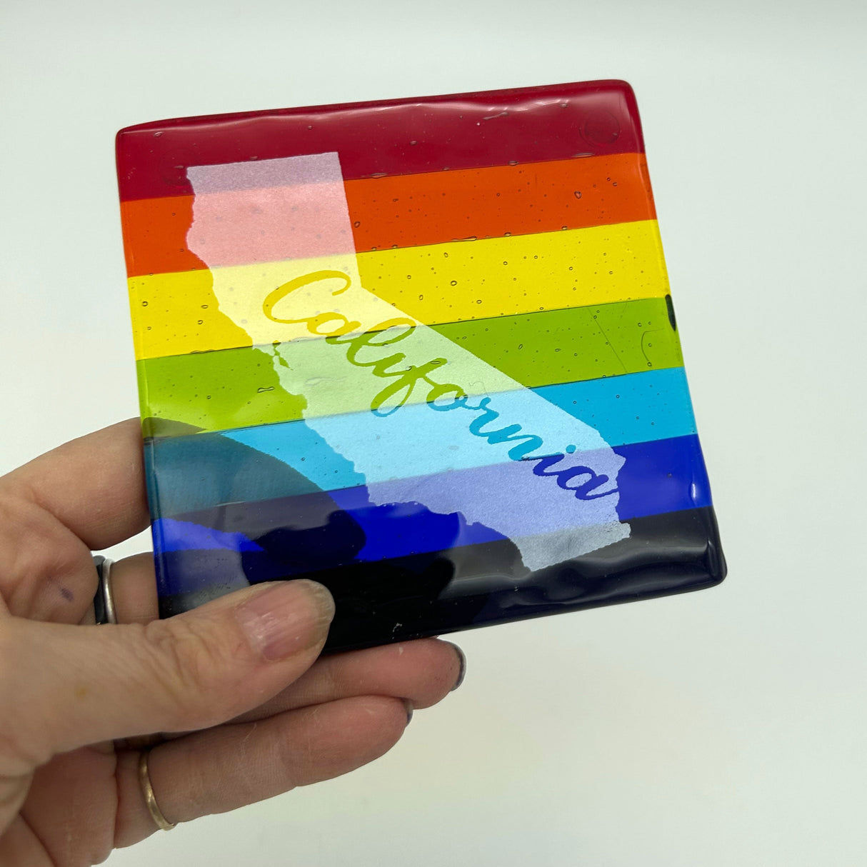 US States Fused Glass 4" Single Coaster - Rainbow Pride or Single Color Background - made to order