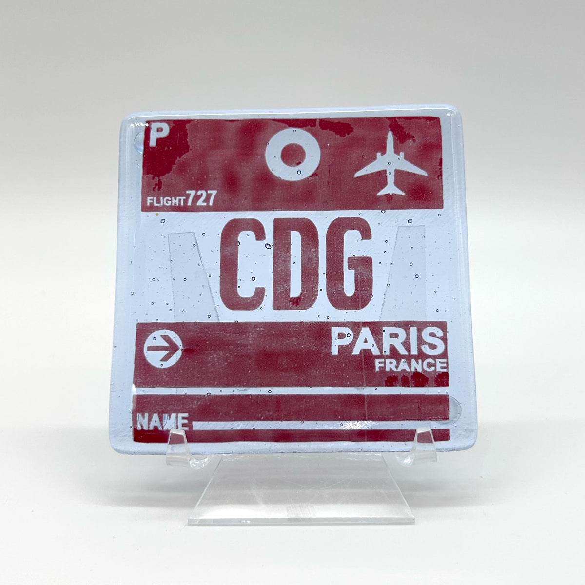 Paris CDG Vintage Luggage Tag 4" Fused Glass Coaster