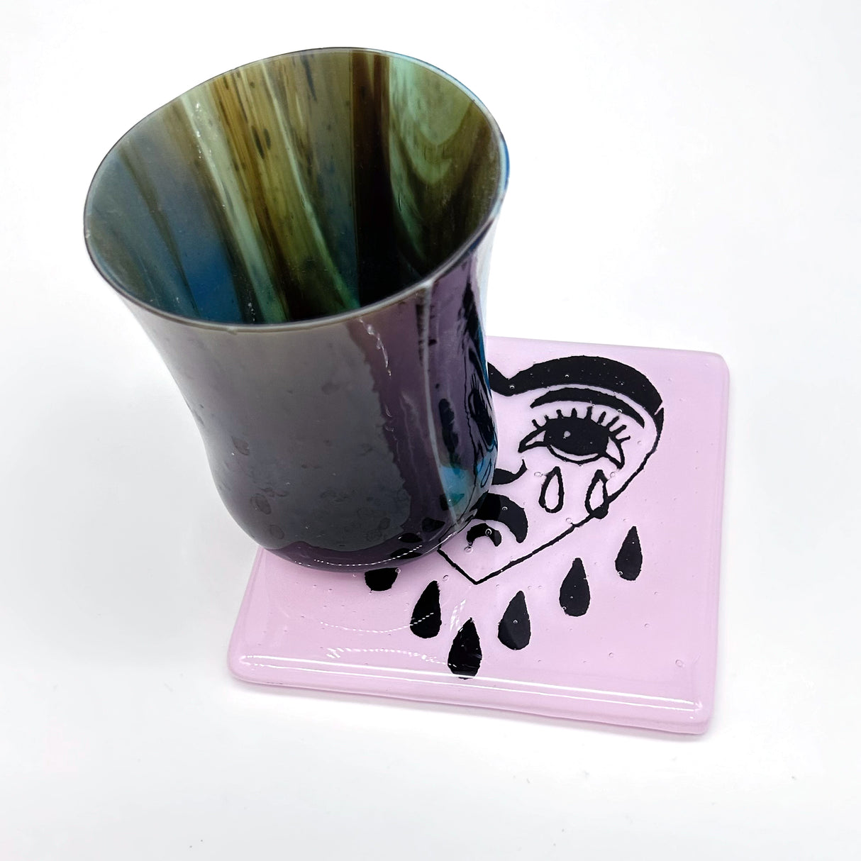 Crying Heart Tattoo 4" Handmade Fused Glass Bar Coaster (siscotinued color)