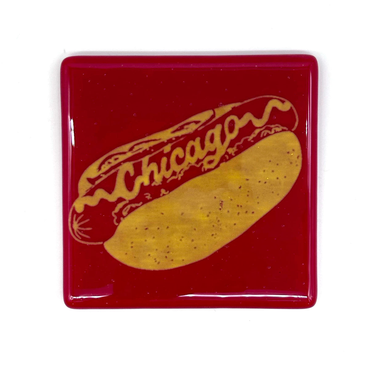 Chicago Hot Dog 4" Fused Glass Coaster for Foodies & Travel Buffs