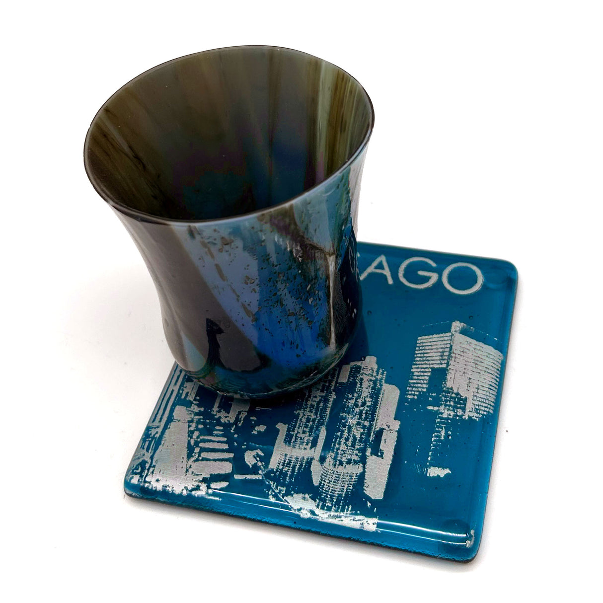 Chicago River Skyline Fused Glass 4" Single Coaster