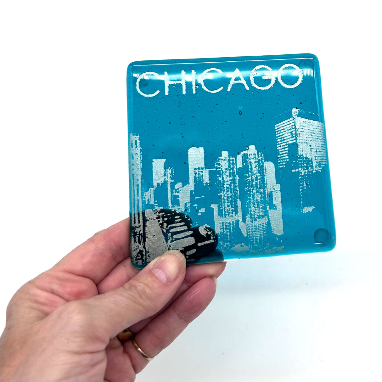 Chicago River Skyline Fused Glass 4" Single Coaster
