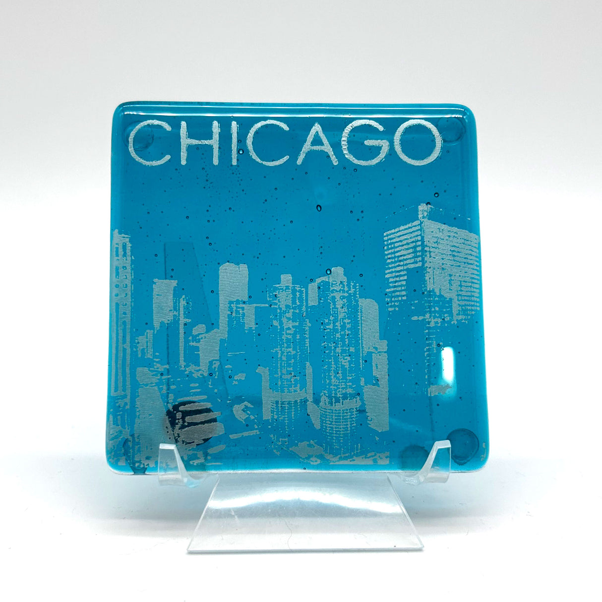 Chicago River Skyline Fused Glass 4" Single Coaster