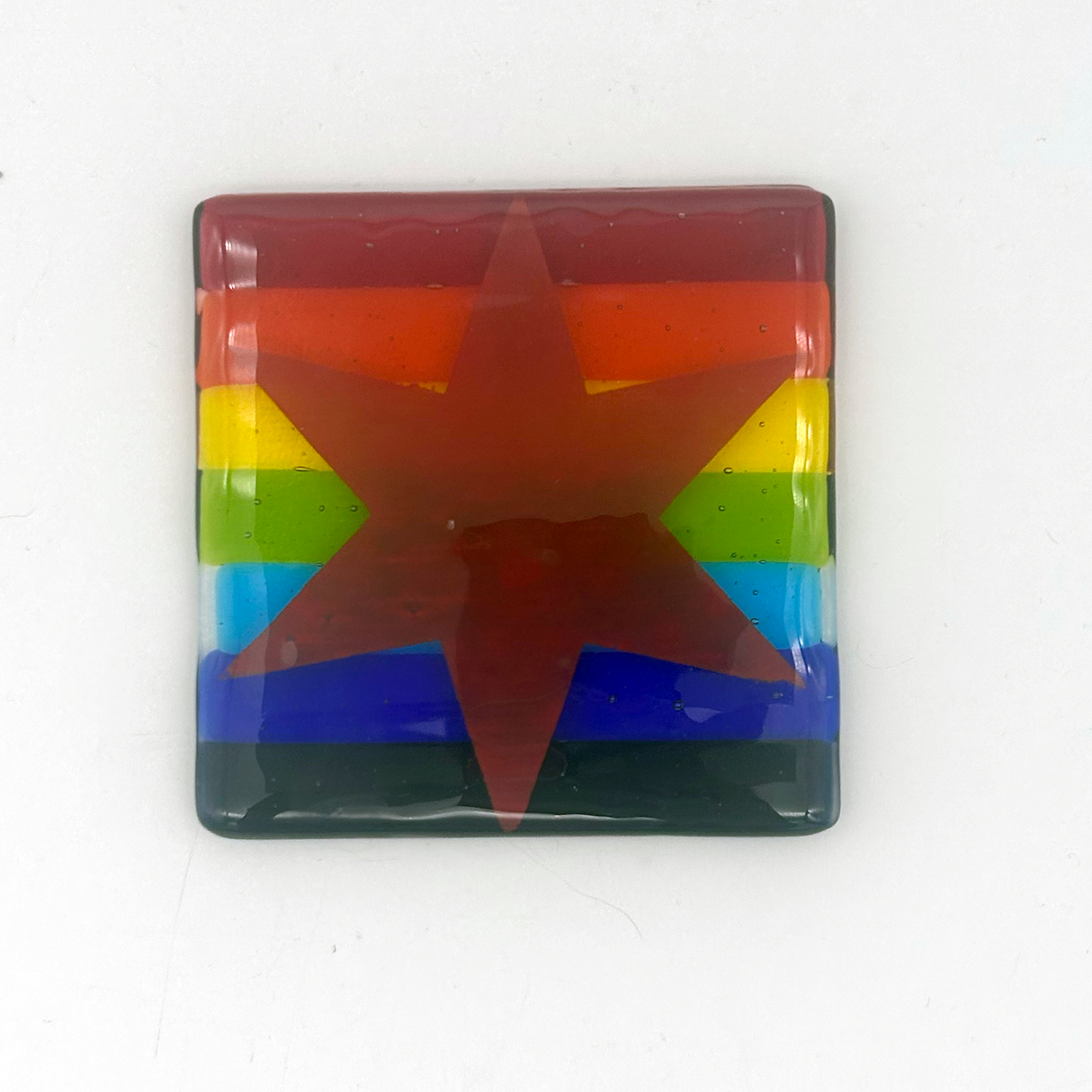 Chicago Flag Star Single Coaster over Pride Rainbow Background