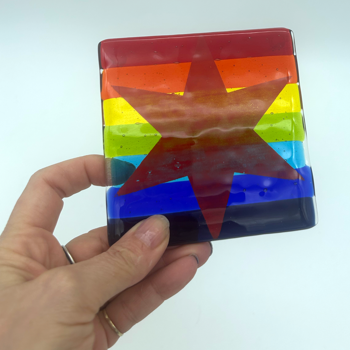 Chicago Flag Star Single Coaster over Pride Rainbow Background