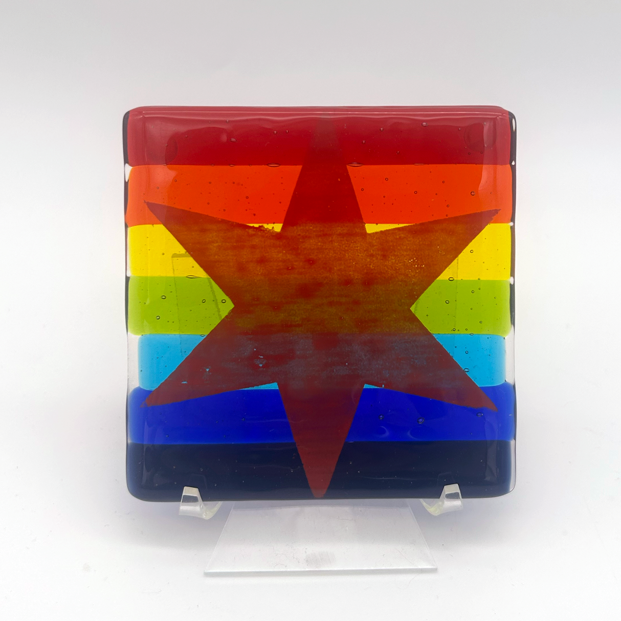 Chicago Flag Star Single Coaster over Pride Rainbow Background