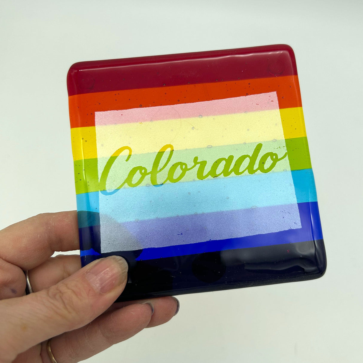 US States Fused Glass 4" Single Coaster - Rainbow Pride or Single Color Background - made to order