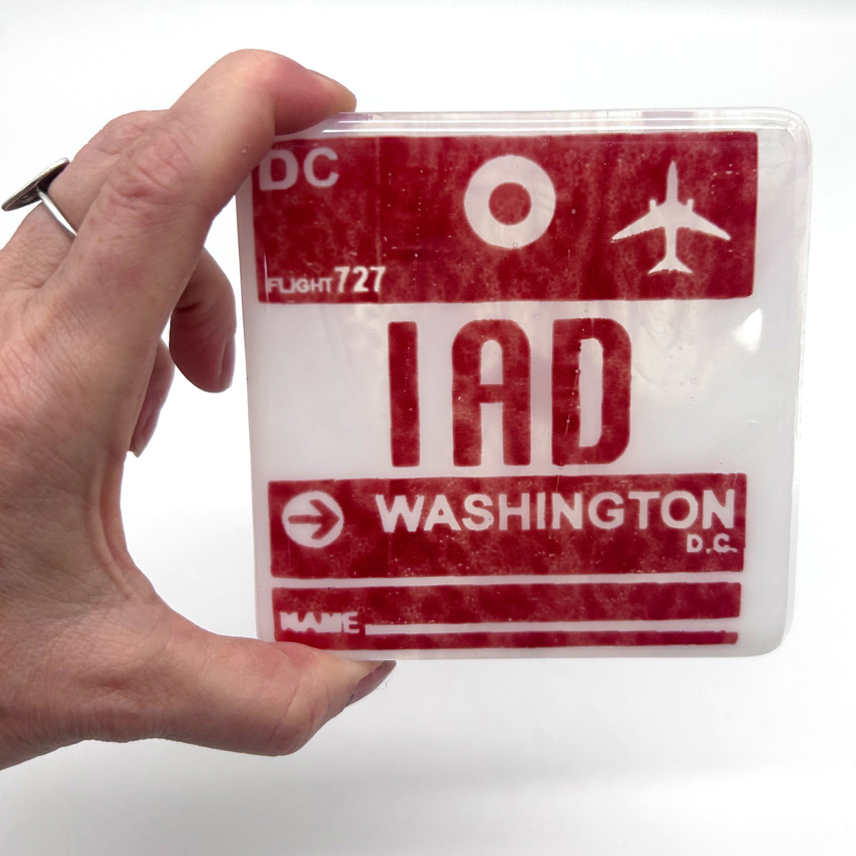 Washington DC IAD Dulles Vintage Luggage Tag Fused Glass 4" Coaster