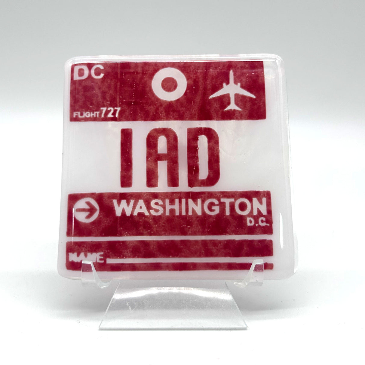 Washington DC IAD Dulles Vintage Luggage Tag Fused Glass 4" Coaster