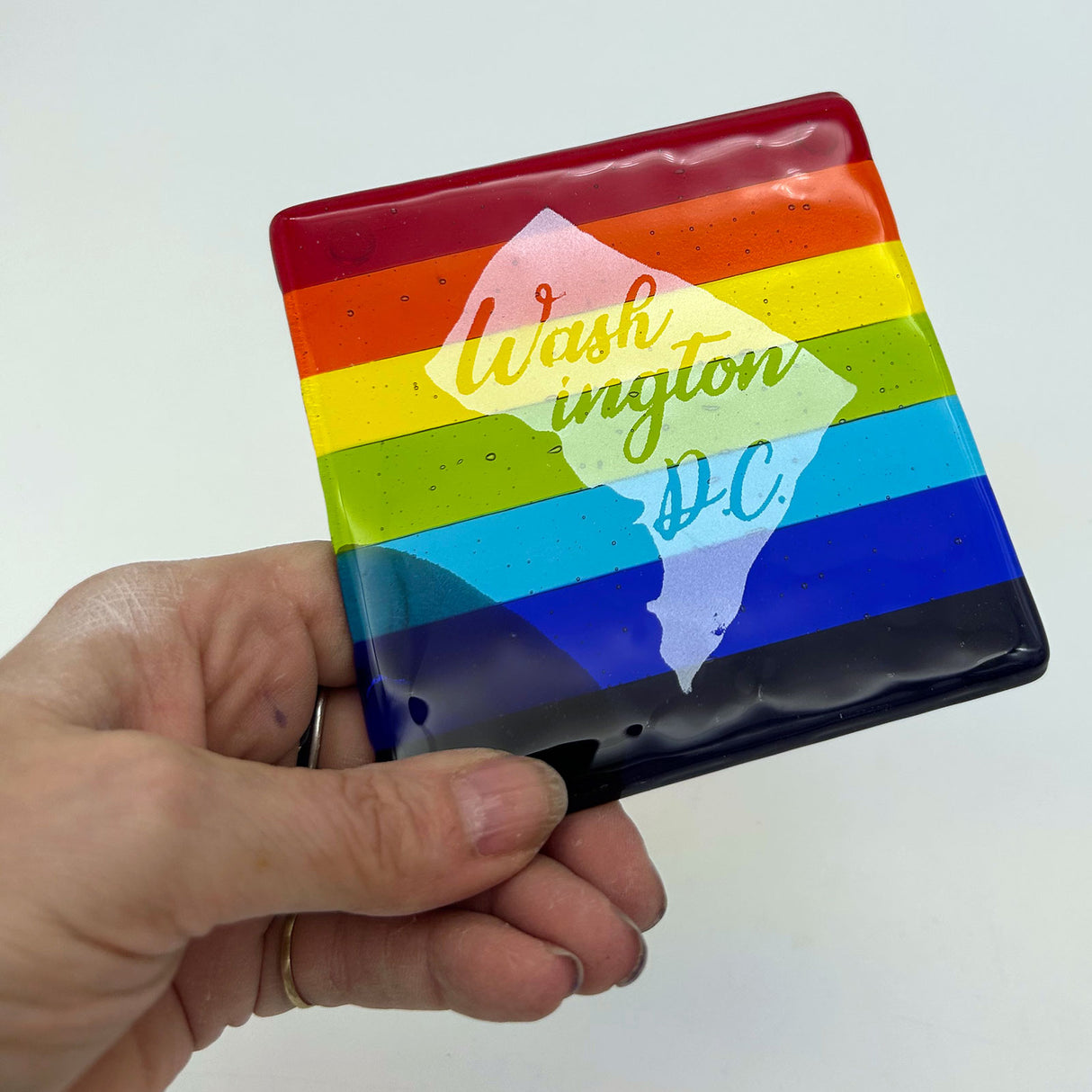 Washington DC Map Fused Glass 4" Single Coaster - Rainbow Pride or Single Color Background - made to order