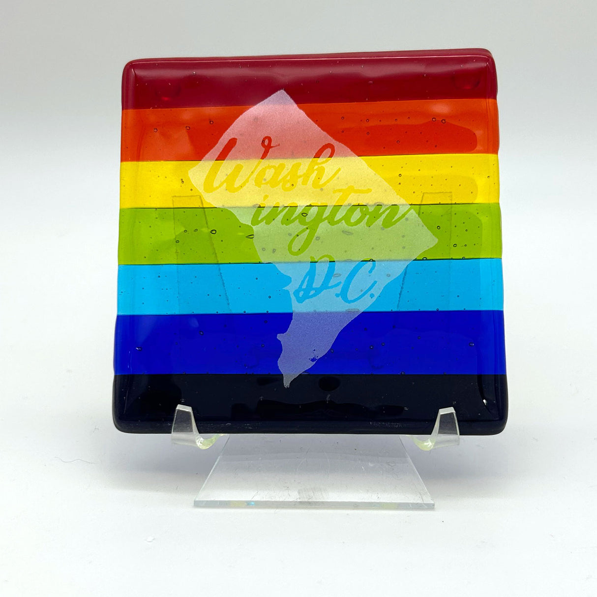 Washington DC Map Fused Glass 4" Single Coaster - Rainbow Pride or Single Color Background - made to order