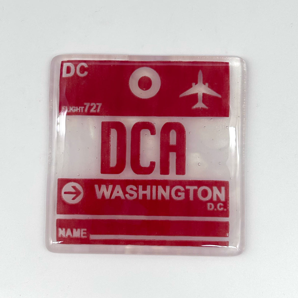 Washington DC DCA Vintage Luggage Tag 4" Handmade Fused Glass Bar Coaster
