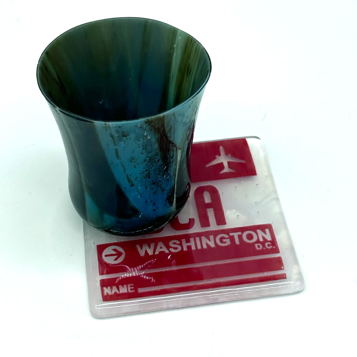 Washington DC DCA Vintage Luggage Tag 4" Handmade Fused Glass Bar Coaster