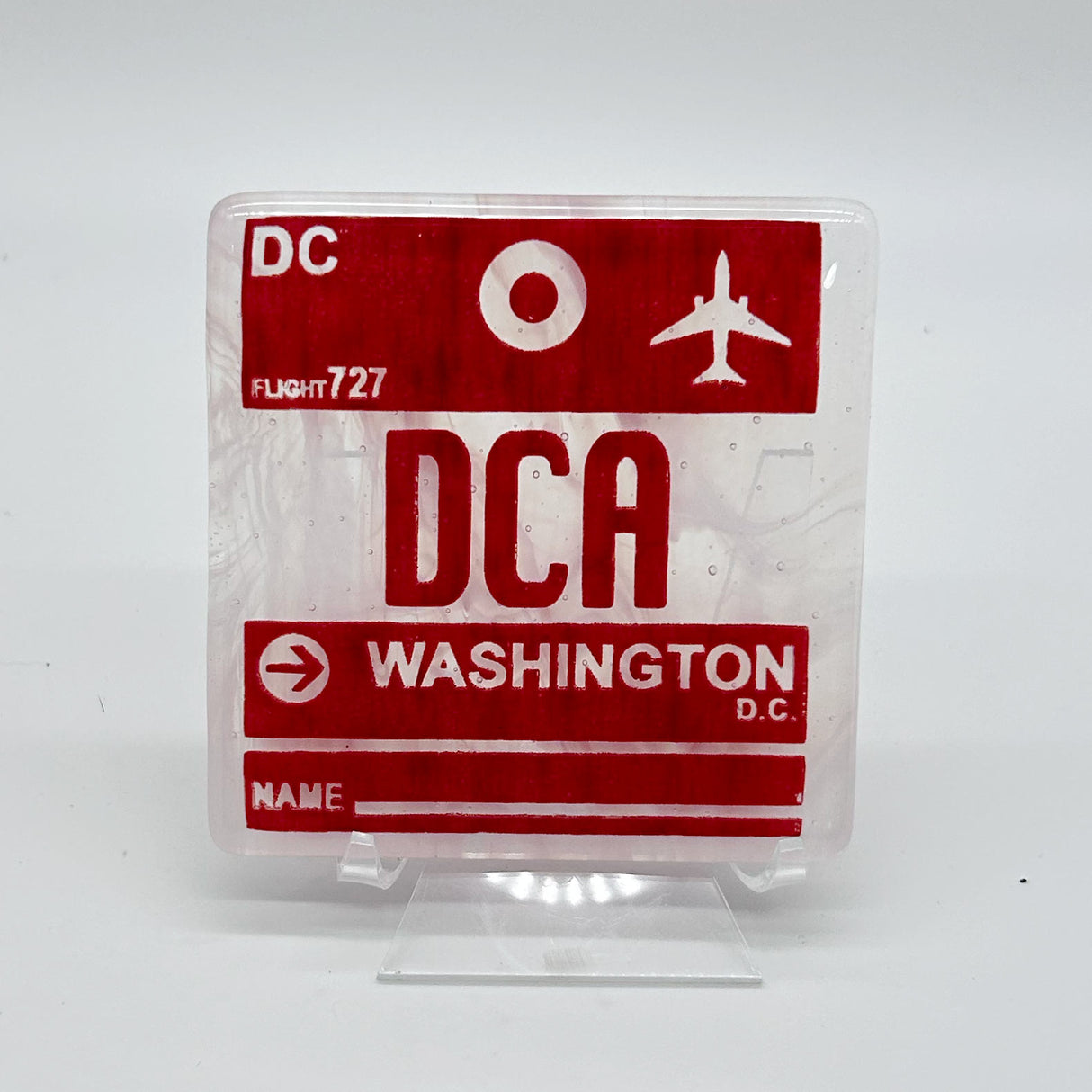 Washington DC DCA Vintage Luggage Tag 4" Handmade Fused Glass Bar Coaster