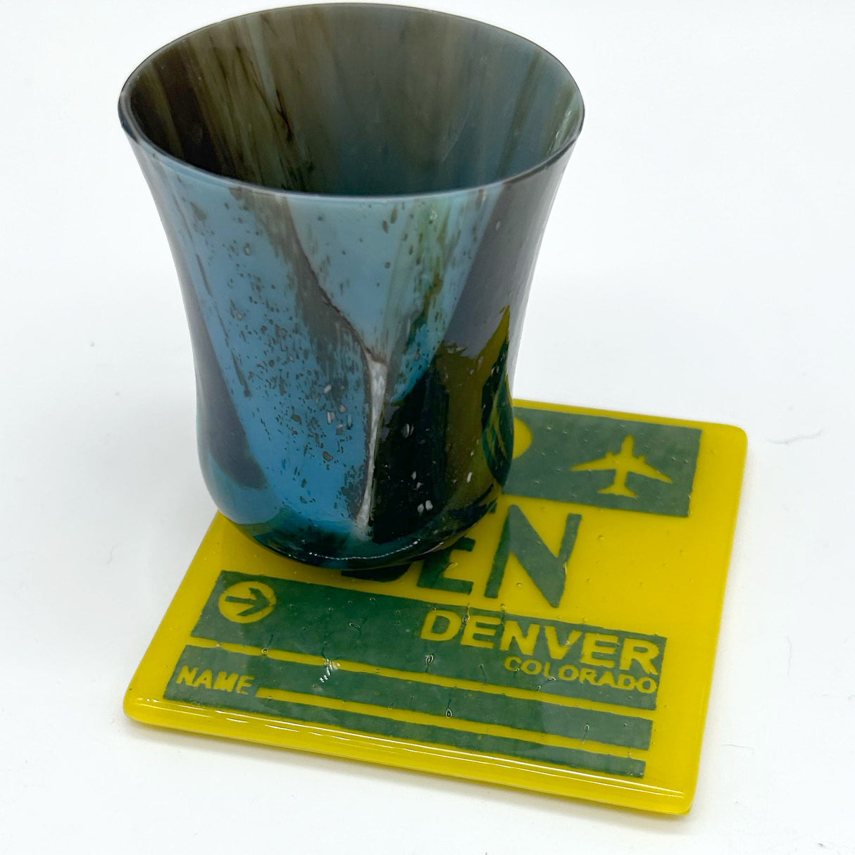 Denver DEN Vintage Luggage Tag Fused Glass 4" Single Coaster