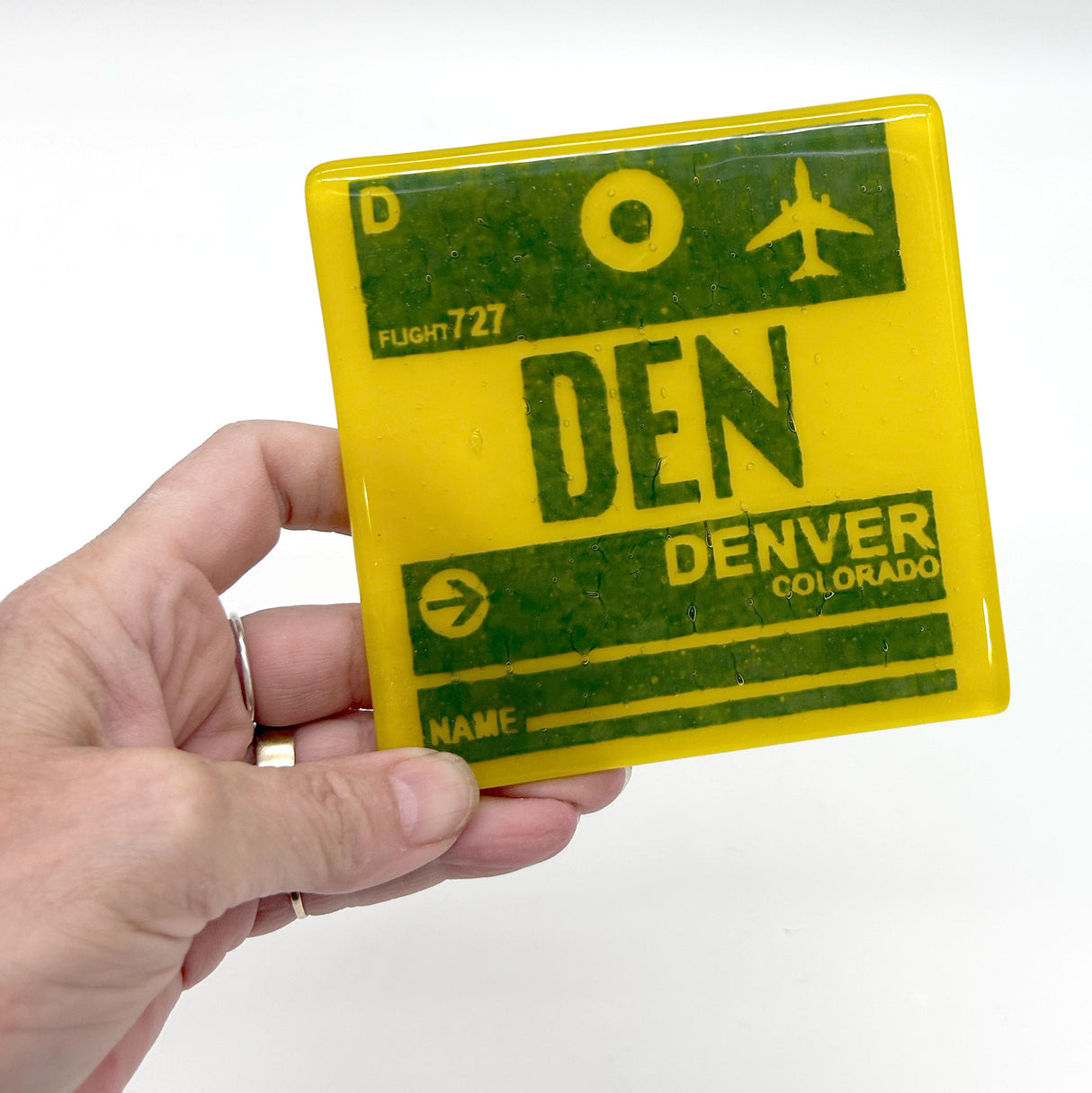 Denver DEN Vintage Luggage Tag Fused Glass 4" Single Coaster