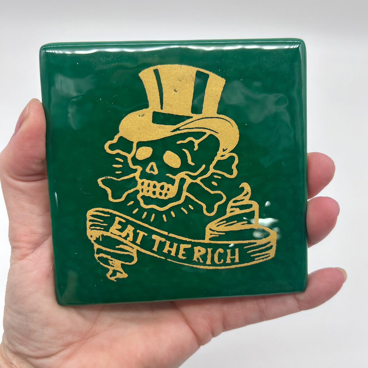 Eat The Rich 4" Handmade Single Fused Glass Coaster