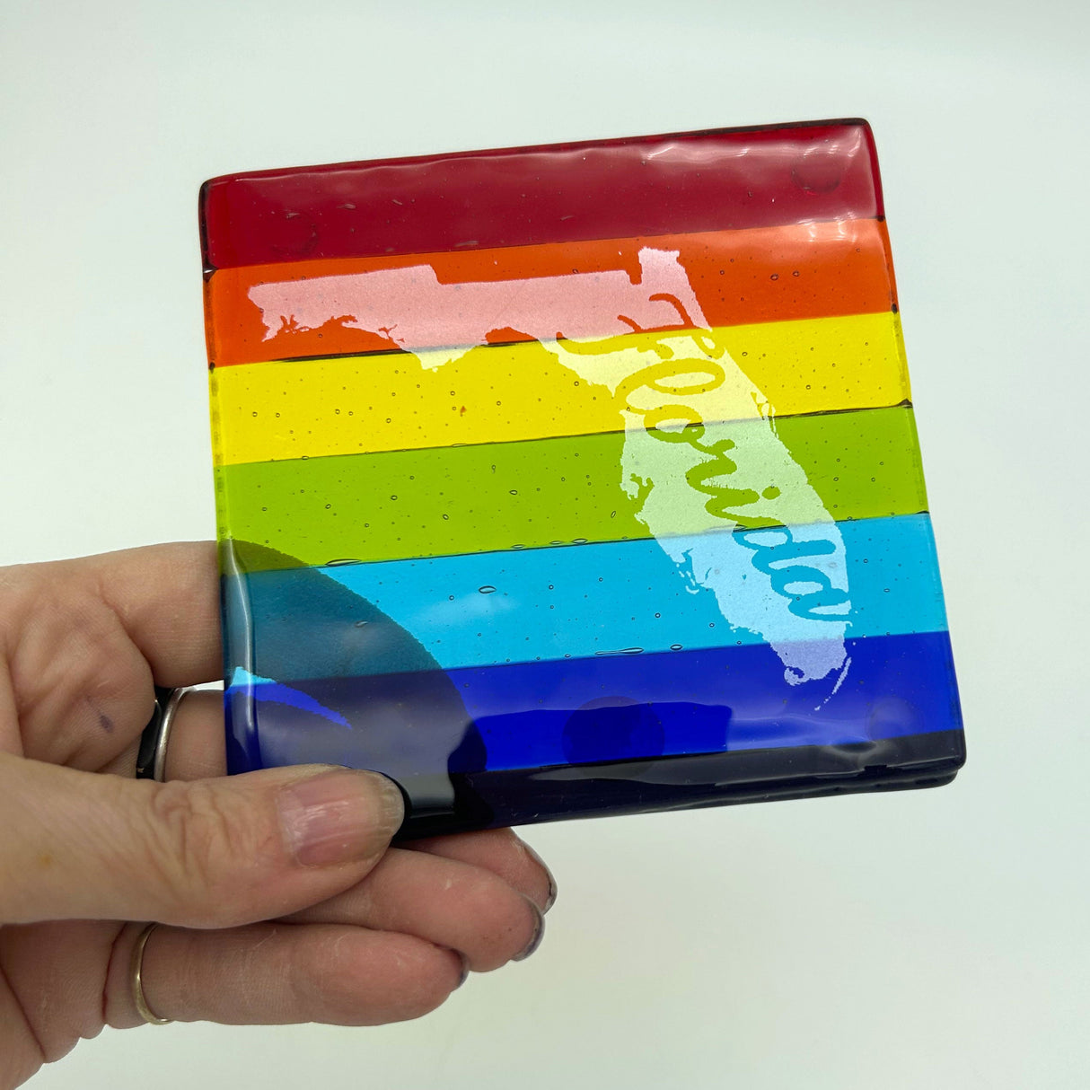 US States Fused Glass 4" Single Coaster - Rainbow Pride or Single Color Background - made to order