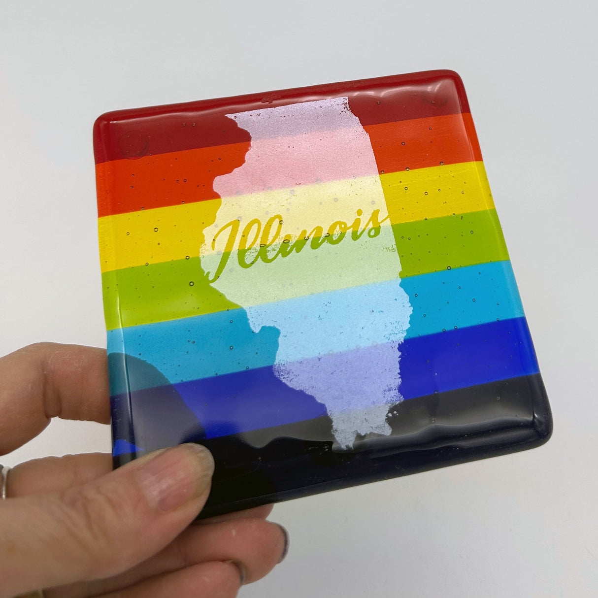 US States Fused Glass 4" Single Coaster - Rainbow Pride or Single Color Background - made to order