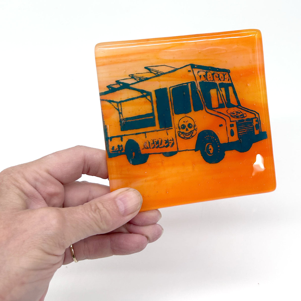 Los Angeles Taco Truck 4" Fused Glass Coaster for Foodies & Travel Buffs