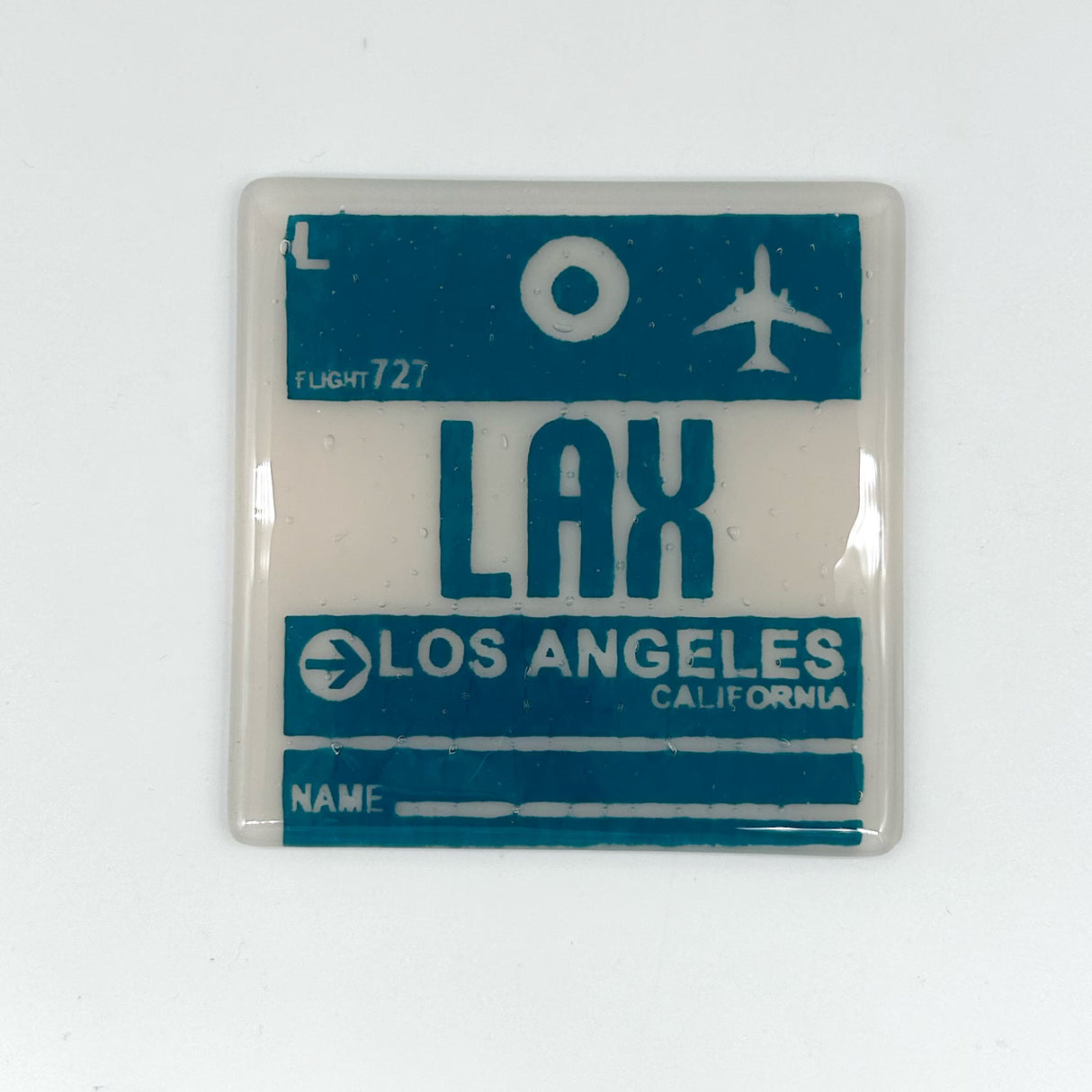 Los Angeles LAX Vintage Luggage Tag Fused Glass 4" Single Coaster