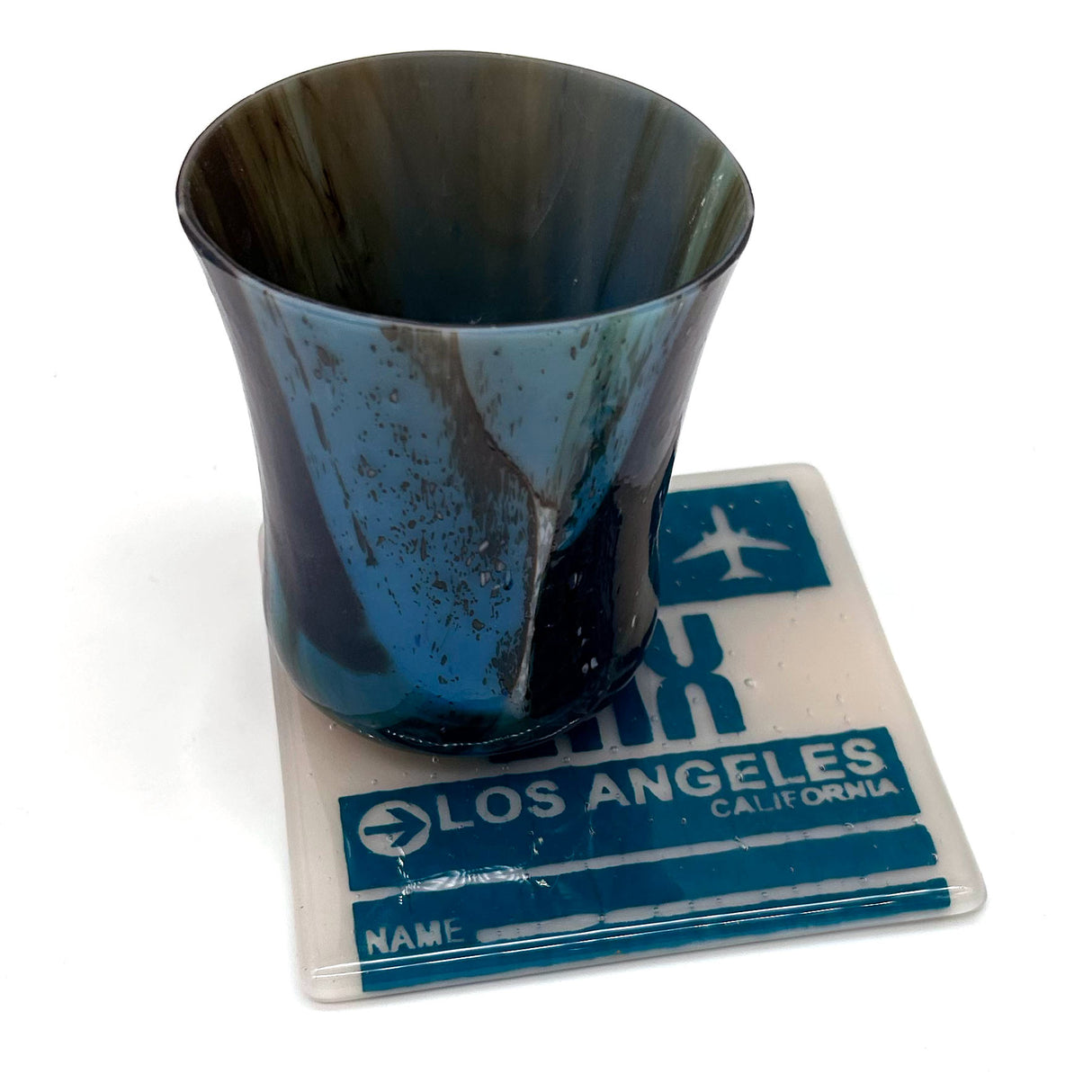 Los Angeles LAX Vintage Luggage Tag Fused Glass 4" Single Coaster