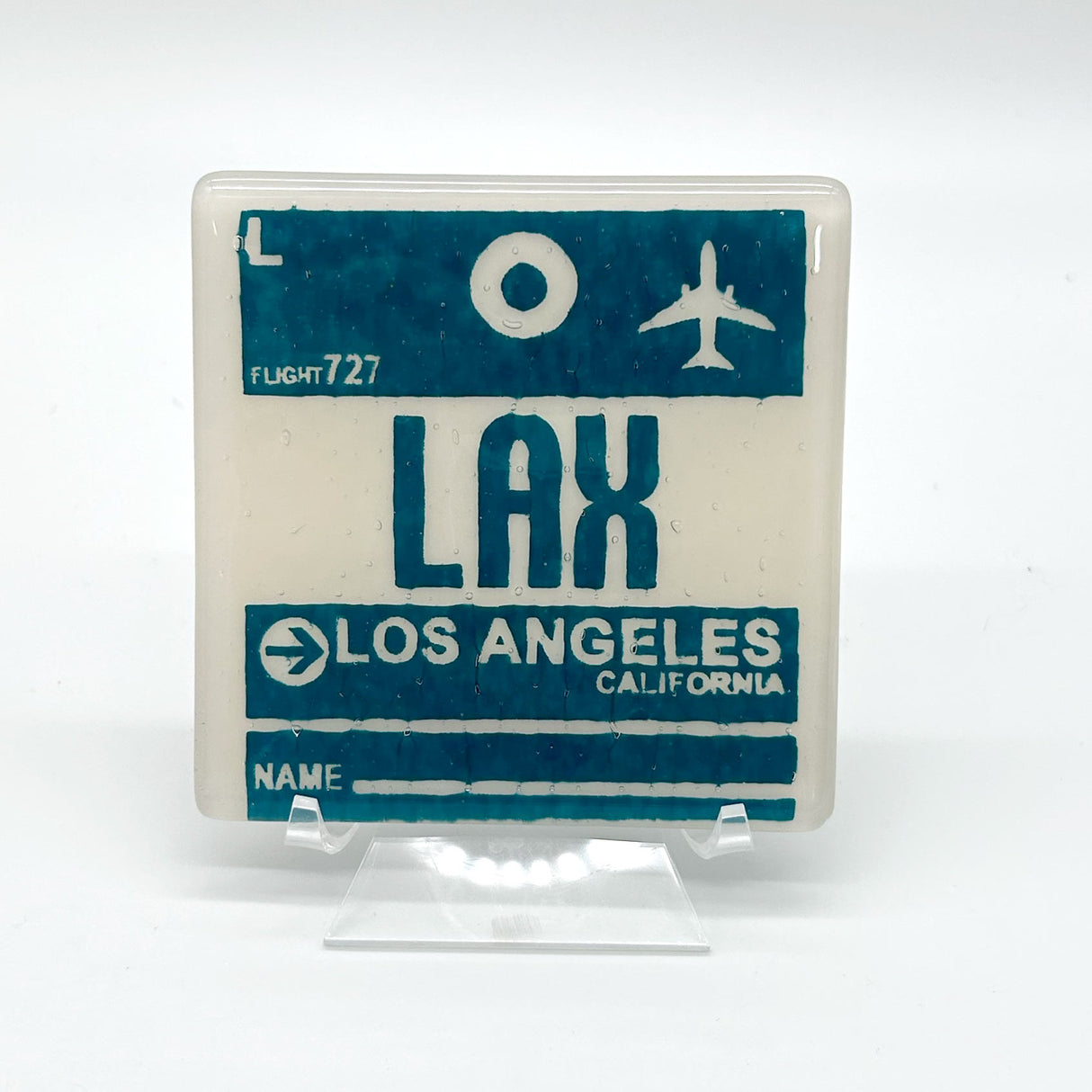 Los Angeles LAX Vintage Luggage Tag Fused Glass 4" Single Coaster