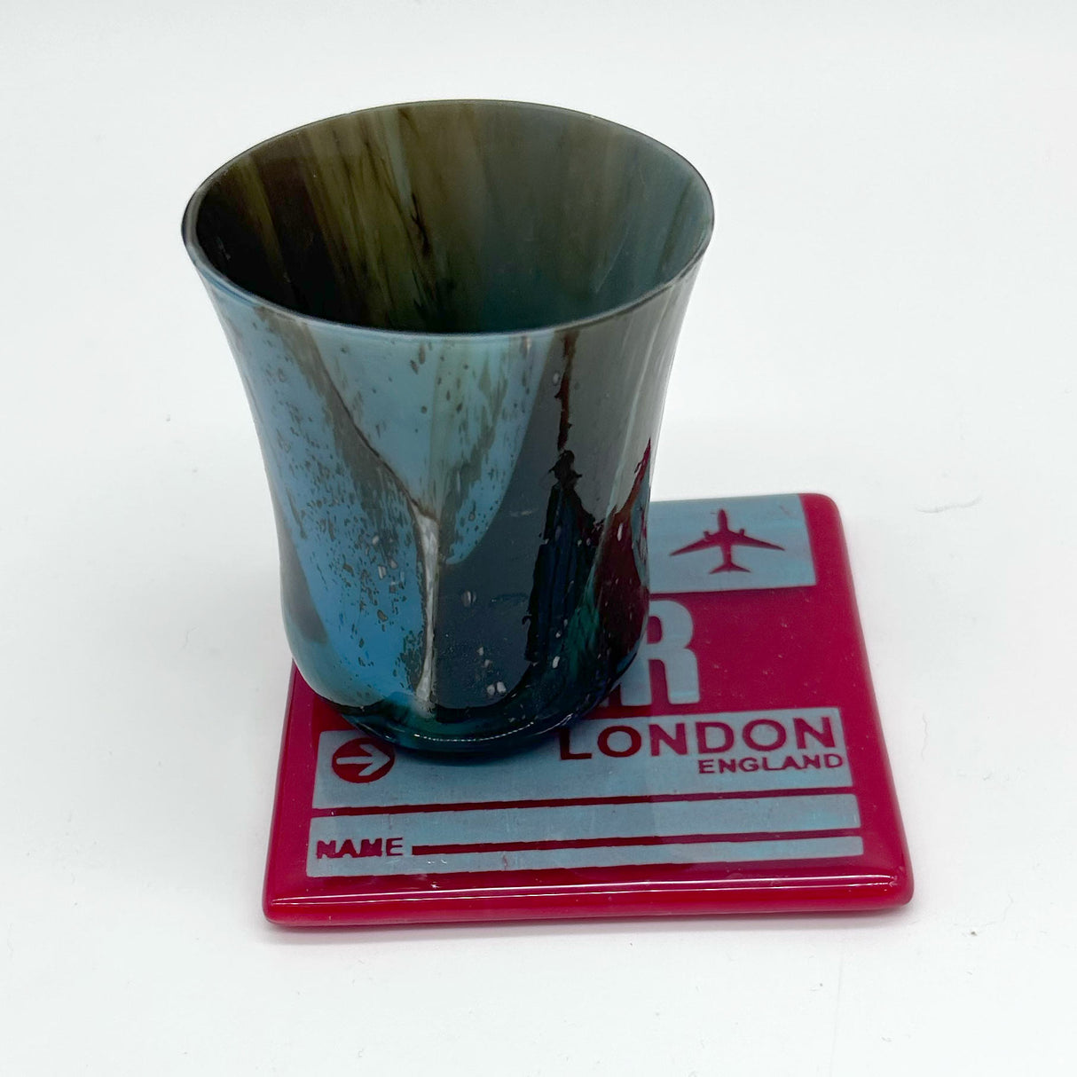 London LHR Vintage Luggage Tag 4" Fused Glass Coaster