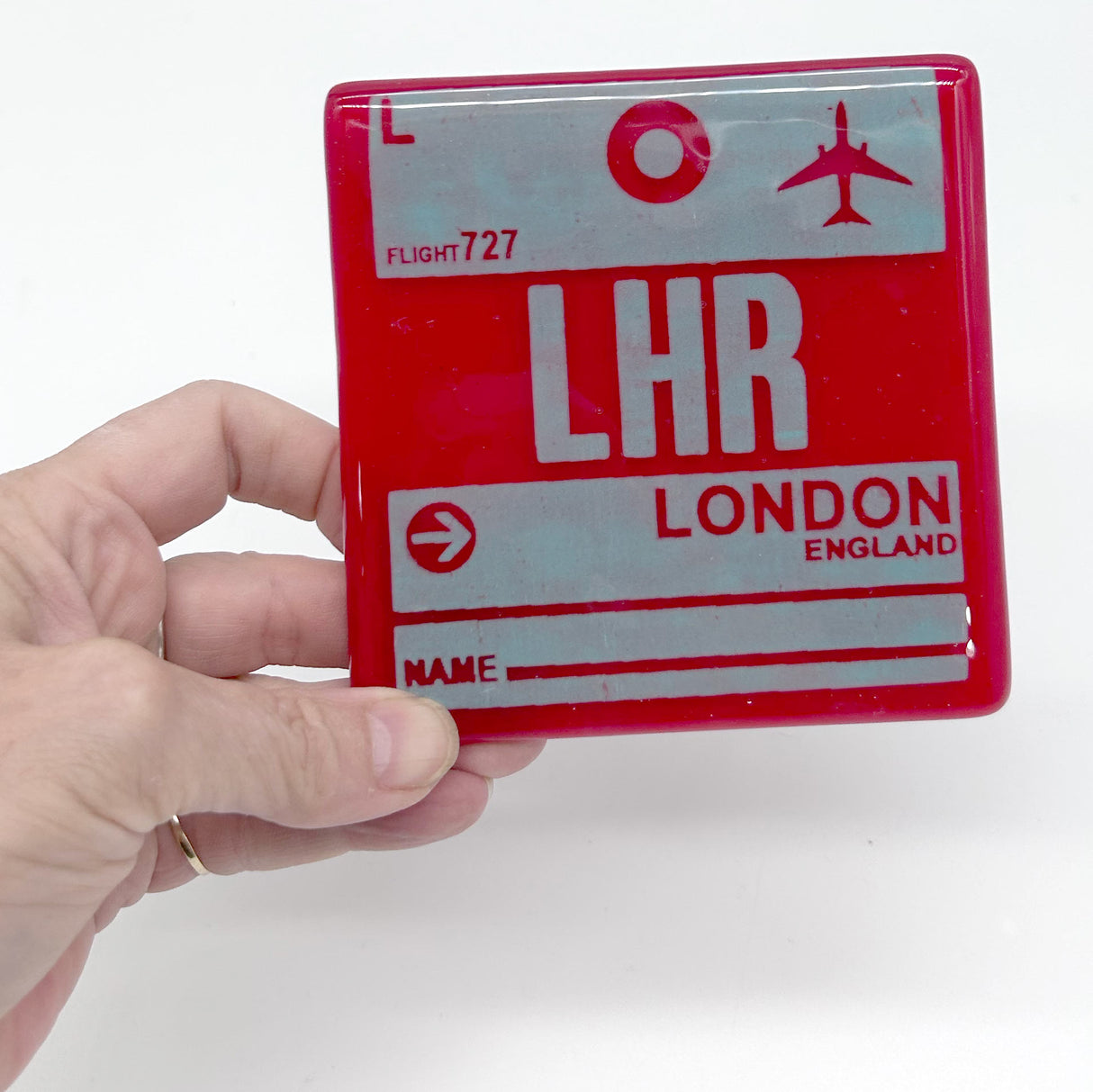 London LHR Vintage Luggage Tag 4" Fused Glass Coaster