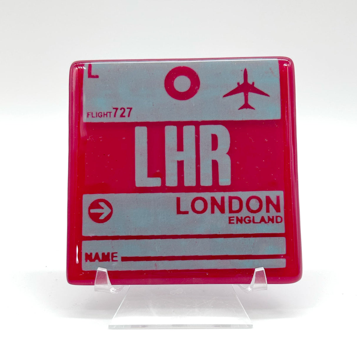 London LHR Vintage Luggage Tag 4" Fused Glass Coaster