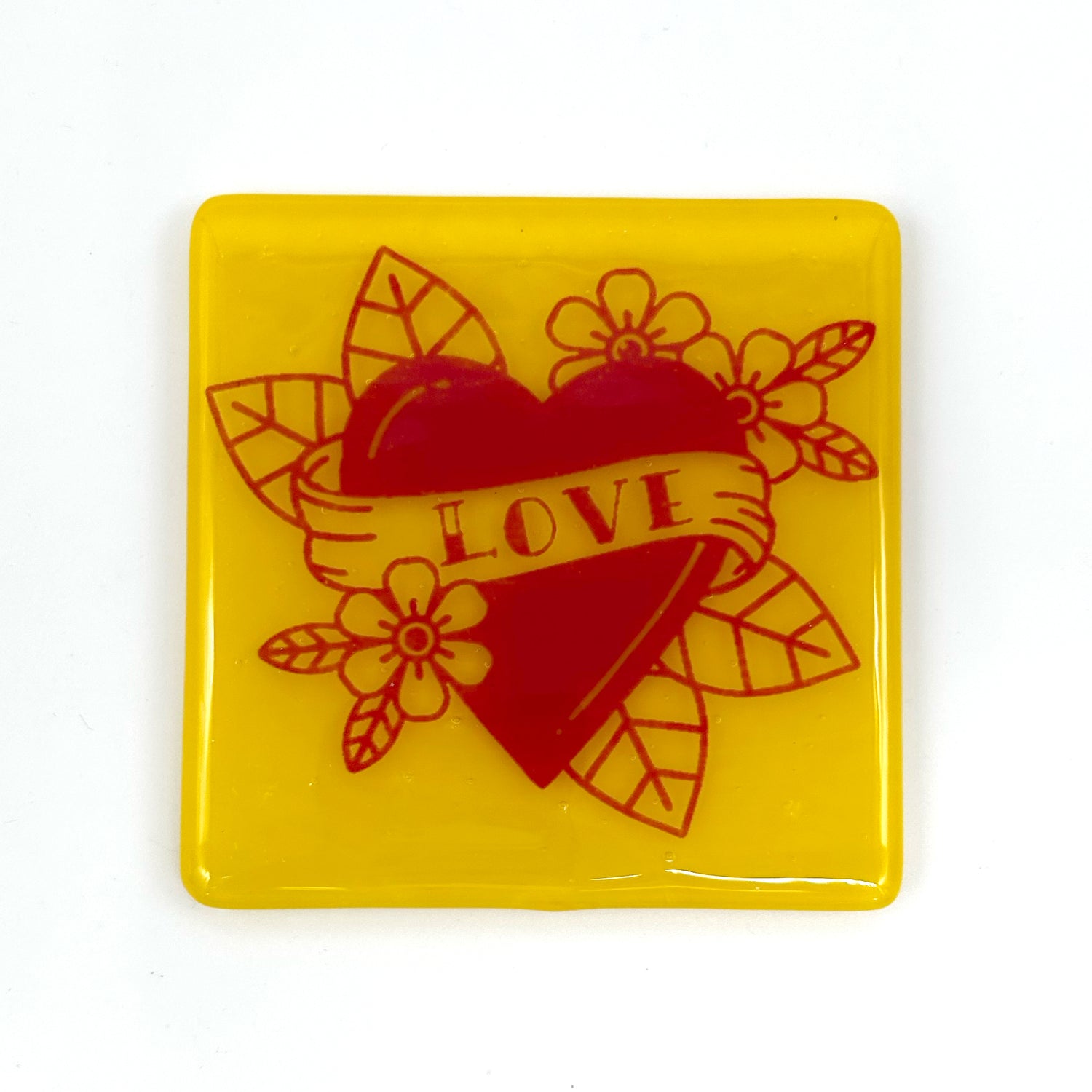 LOVE Tattoo 4" Handmade Fused Glass Bar Coaster